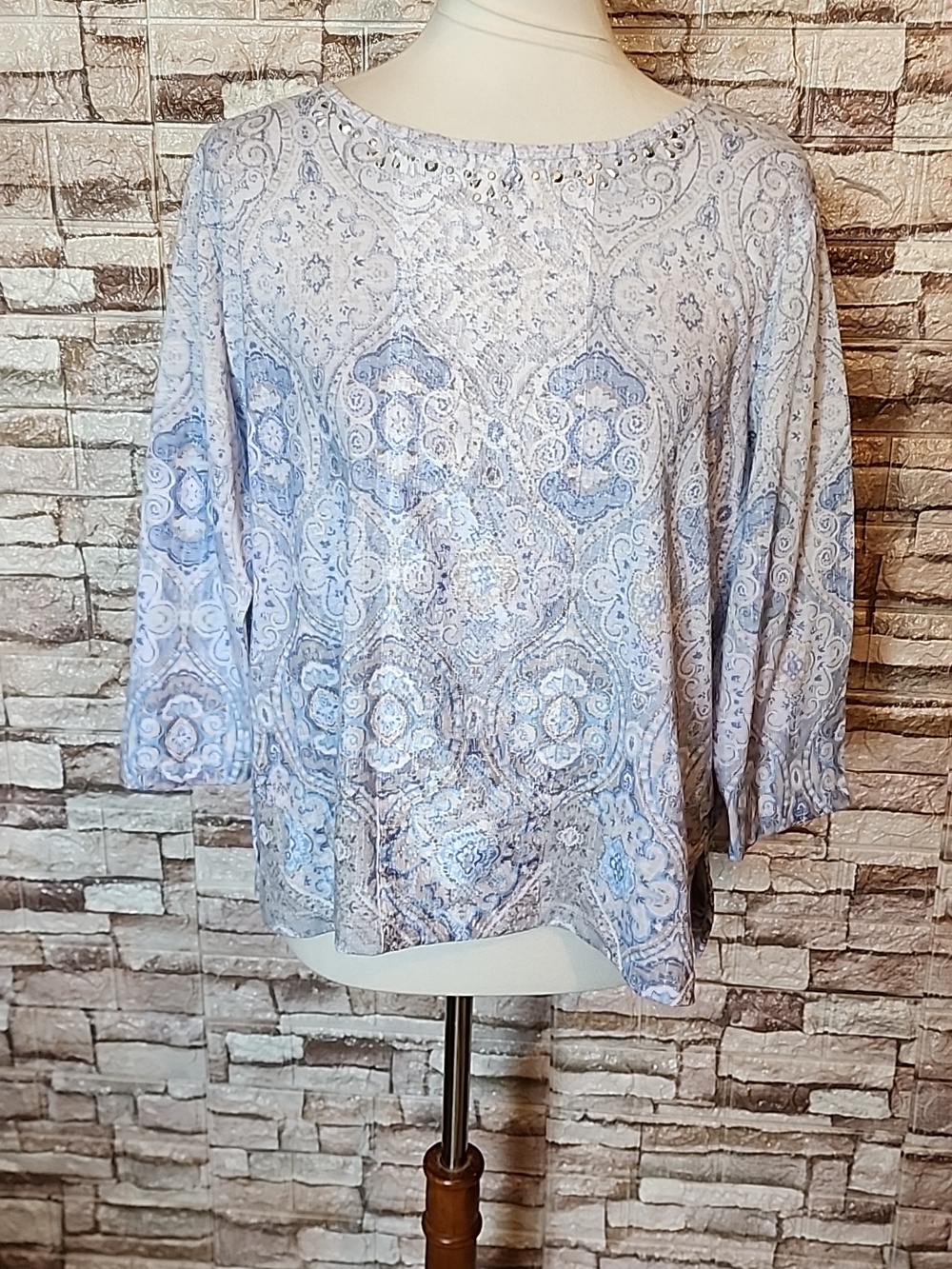 Alfred Dunner Blue & Tan Patterned Blouse